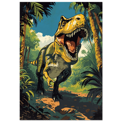 Tyrannosaurus Rex i solbelyst djungel med palmer – färgstark serieillustration