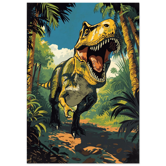 Tyrannosaurus Rex i solbelyst djungel med palmer – färgstark serieillustration