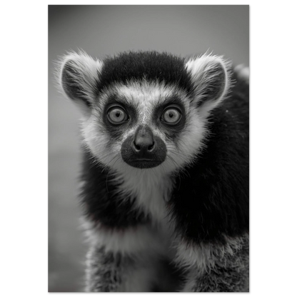 Närgånget fotoporträtt av en lemur i svartvitt med intensiv blick