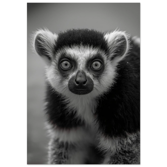 Närgånget fotoporträtt av en lemur i svartvitt med intensiv blick