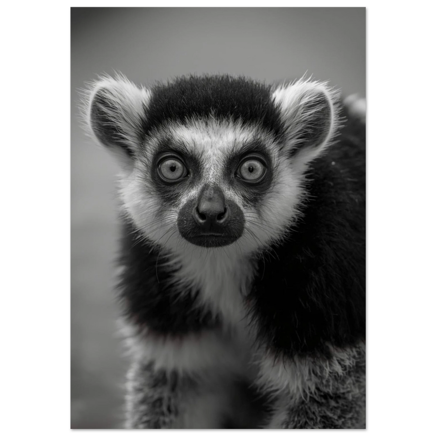 Närgånget fotoporträtt av en lemur i svartvitt med intensiv blick