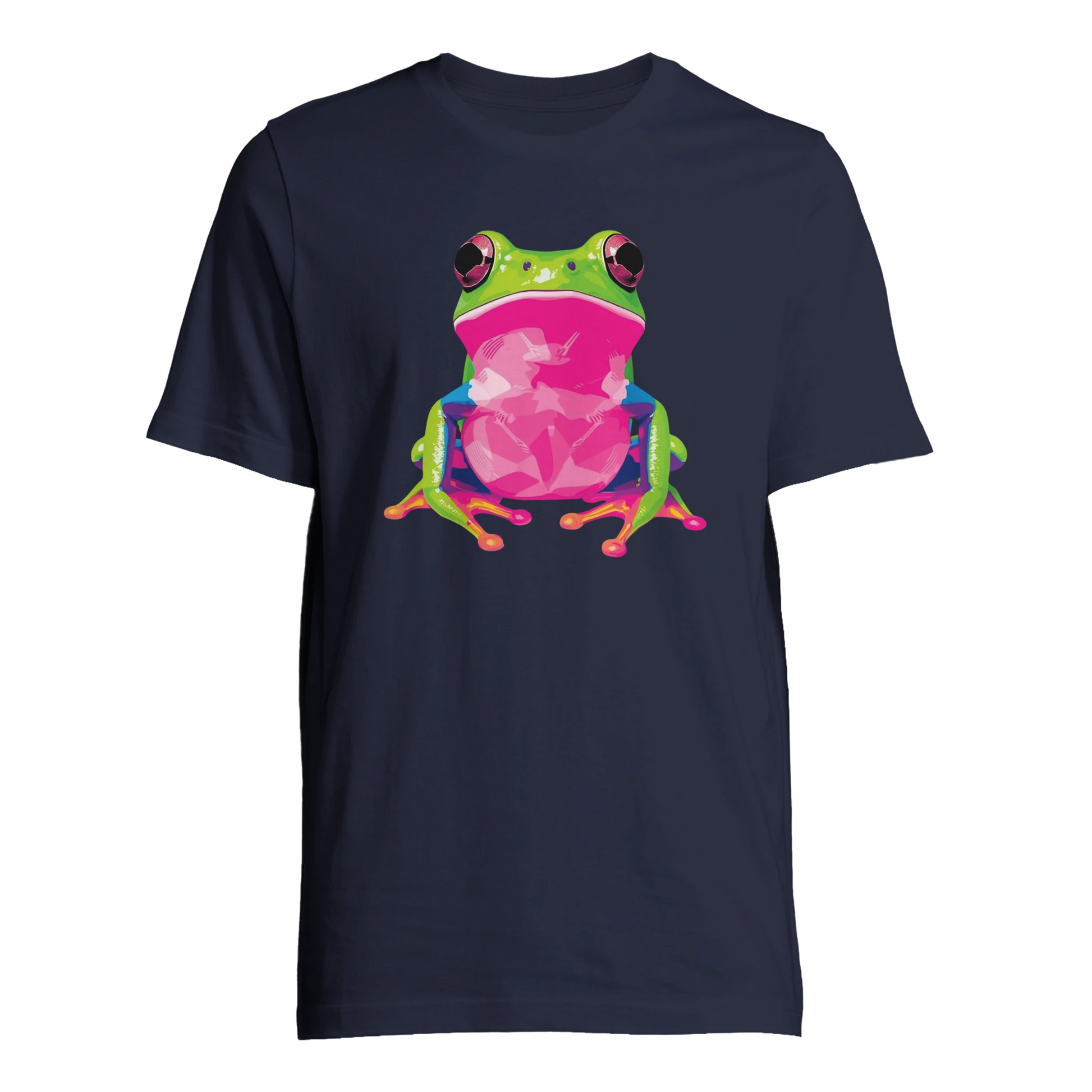 Färgstark groda motiv på marinblå T-shirt, framifrån – Tecknad T-shirt