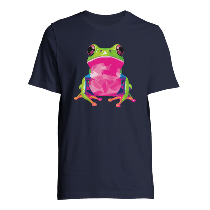 Färgstark groda motiv på marinblå T-shirt, framifrån – Tecknad T-shirt