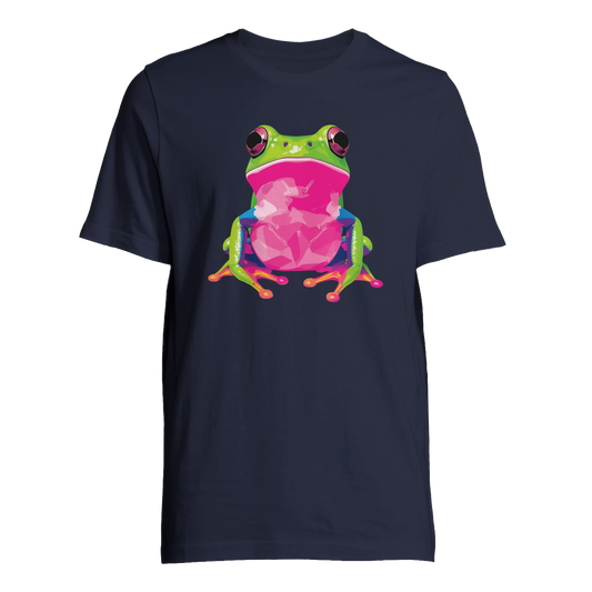 Färgstark groda motiv på marinblå T-shirt, framifrån – Tecknad T-shirt