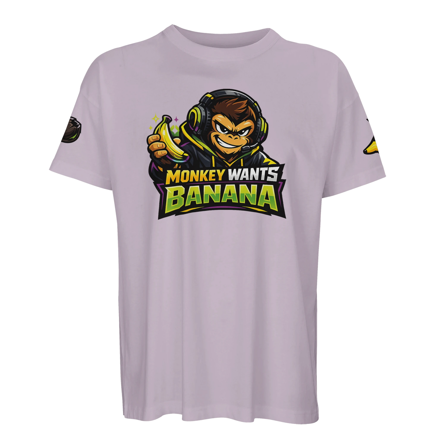 Ljuslila oversized t-shirt med mascot-apa och detaljerade kokosnötter på ärmen