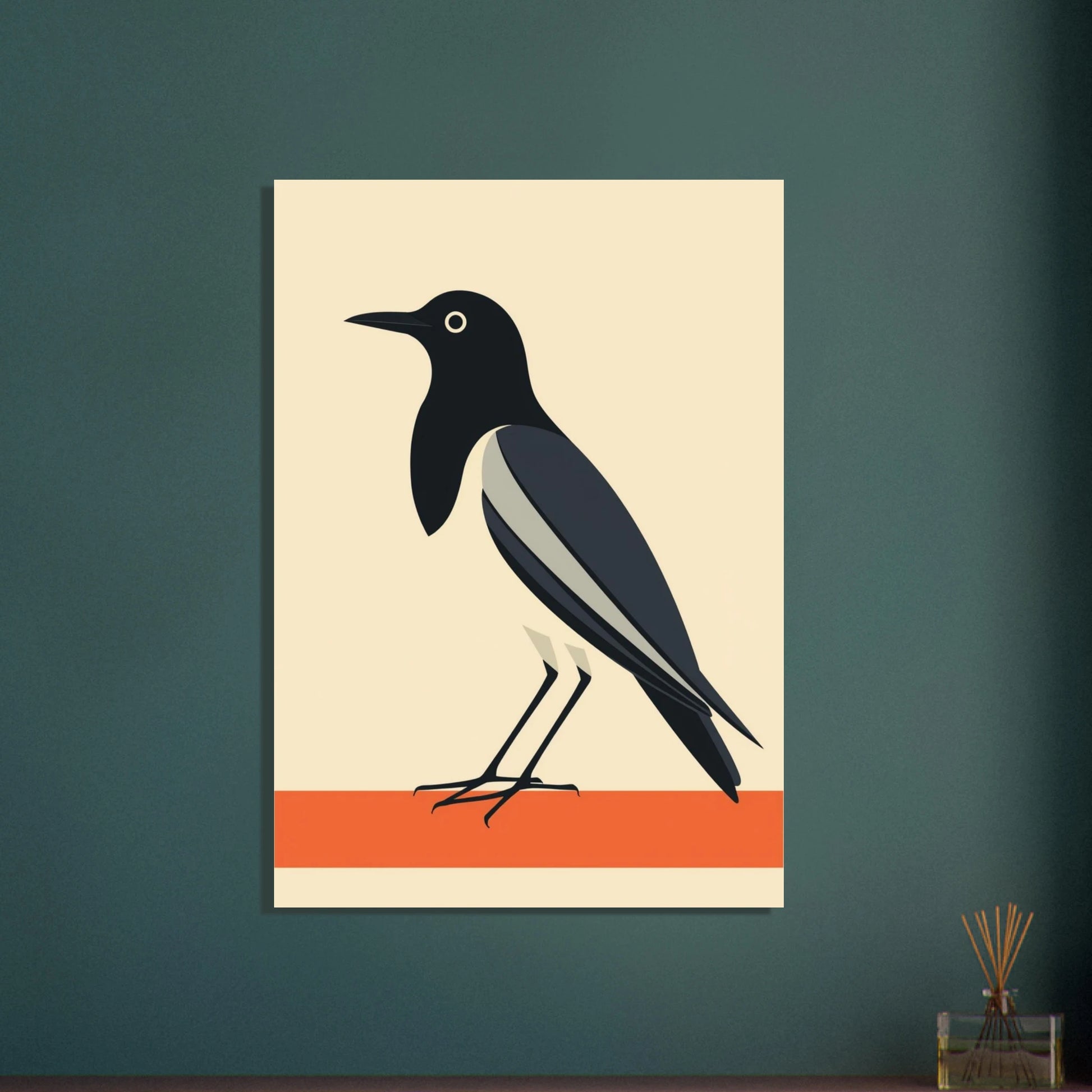Stilren skata i modernistisk abstrakt figurativ stil, elegant djurmotiv.