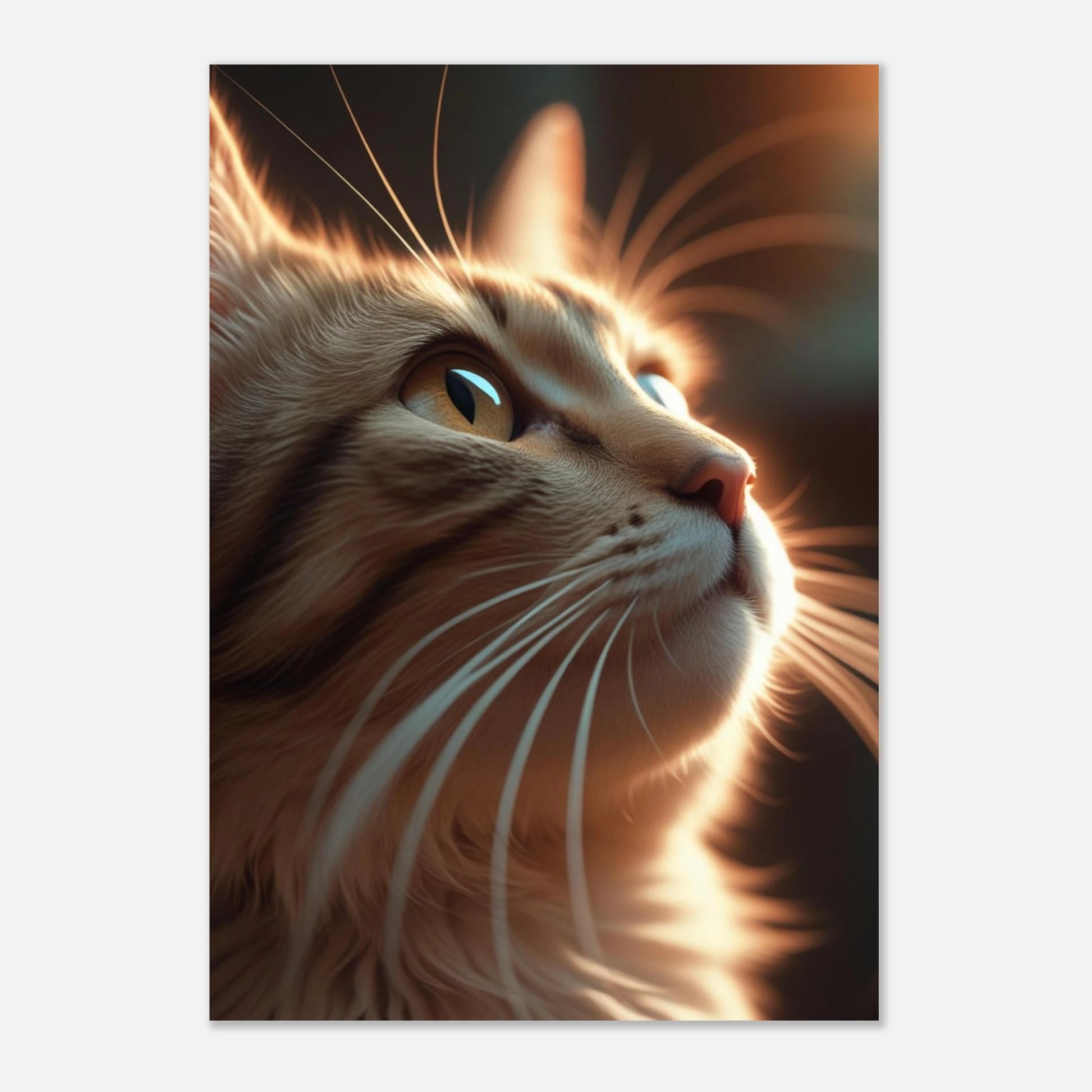 Konstnärligt print av en kattprofil med glänsande päls och intensiv blick