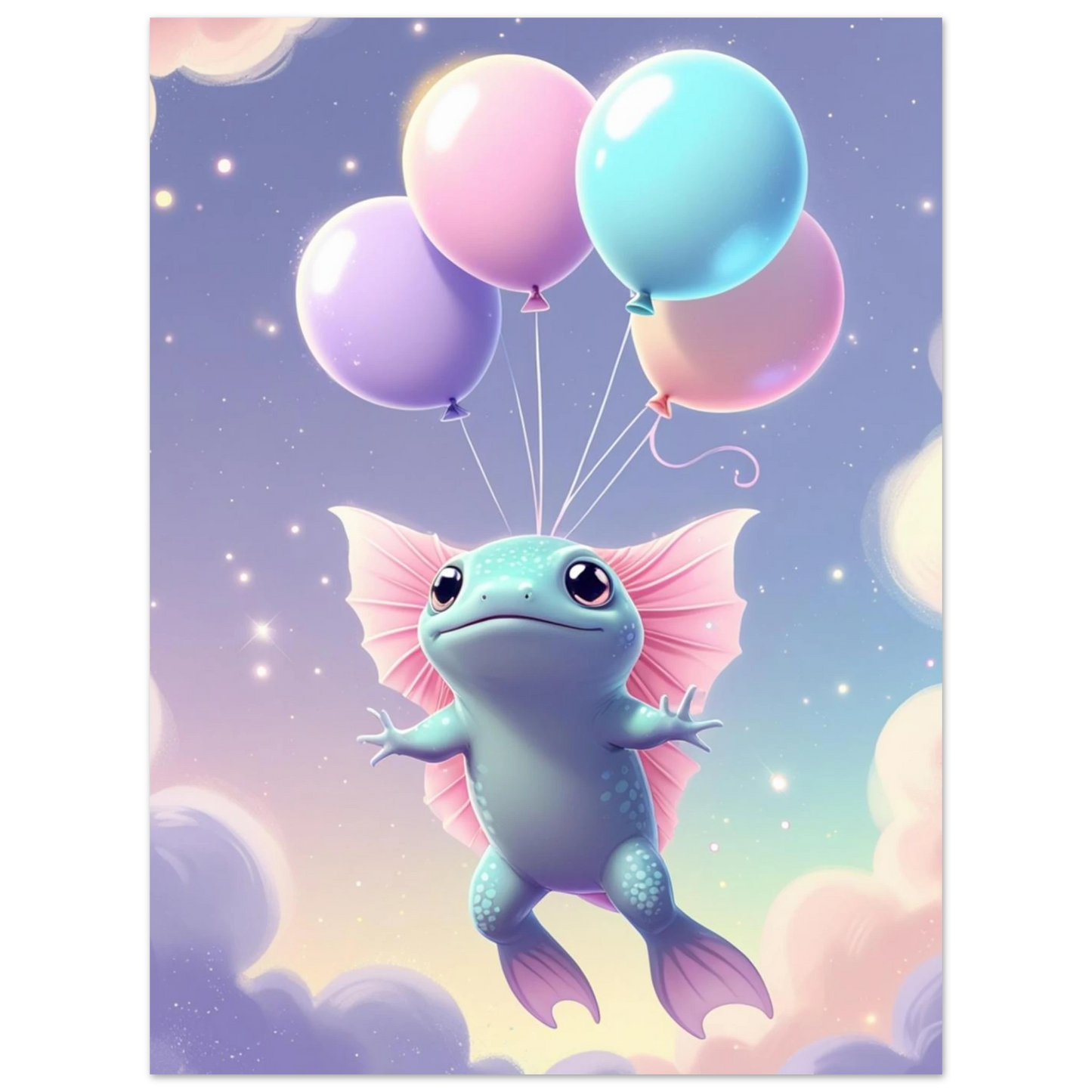 Drömsk djurposter föreställande en axolotl i en magisk pastellfärgad atmosfär