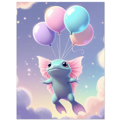 Drömsk djurposter föreställande en axolotl i en magisk pastellfärgad atmosfär