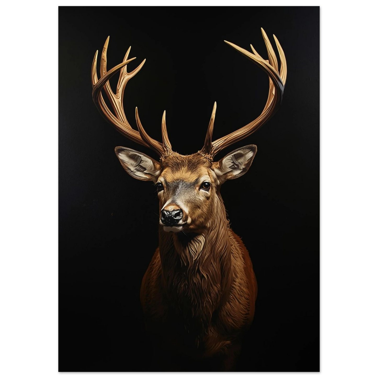 Närbild av kronhjort med stora horn, mörkt och dramatiskt djurmotiv