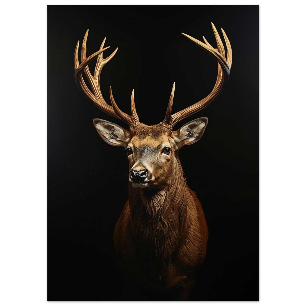 Närbild av kronhjort med stora horn, mörkt och dramatiskt djurmotiv