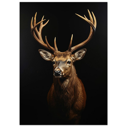 Närbild av kronhjort med stora horn, mörkt och dramatiskt djurmotiv