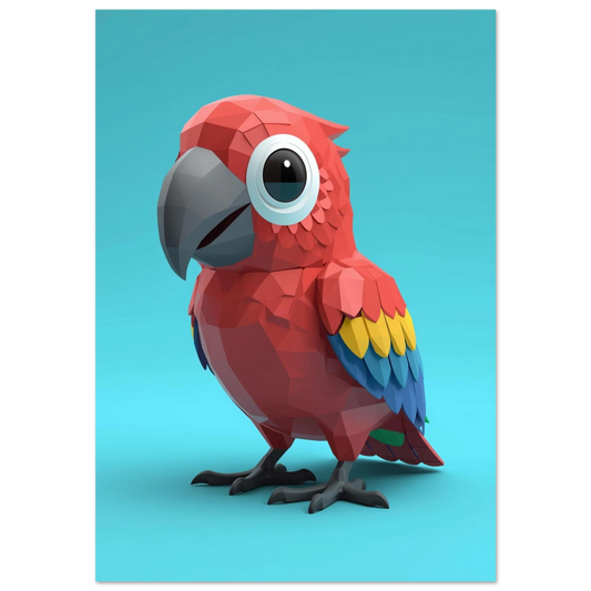 Röd papegoja i low-poly stil mot turkos bakgrund – modern djurposter