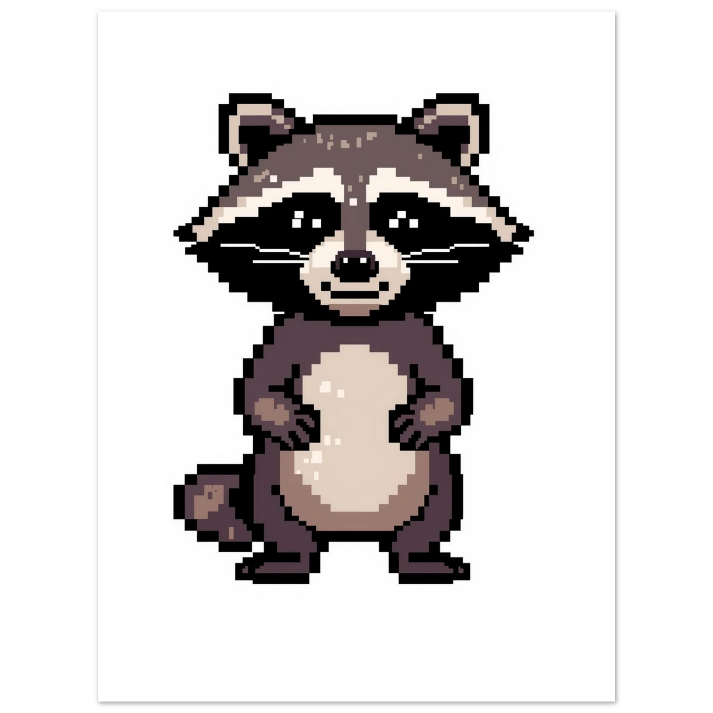 Digital illustration av en tvättbjörn skapad med klassisk pixelteknik
