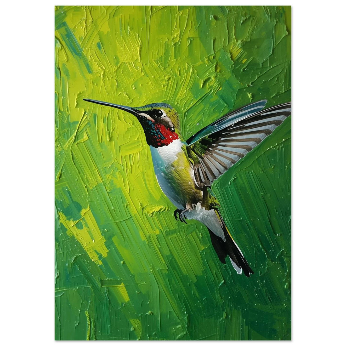 Grön tavla med flygande kolibri och synliga penseldrag – expressivt djurmotiv