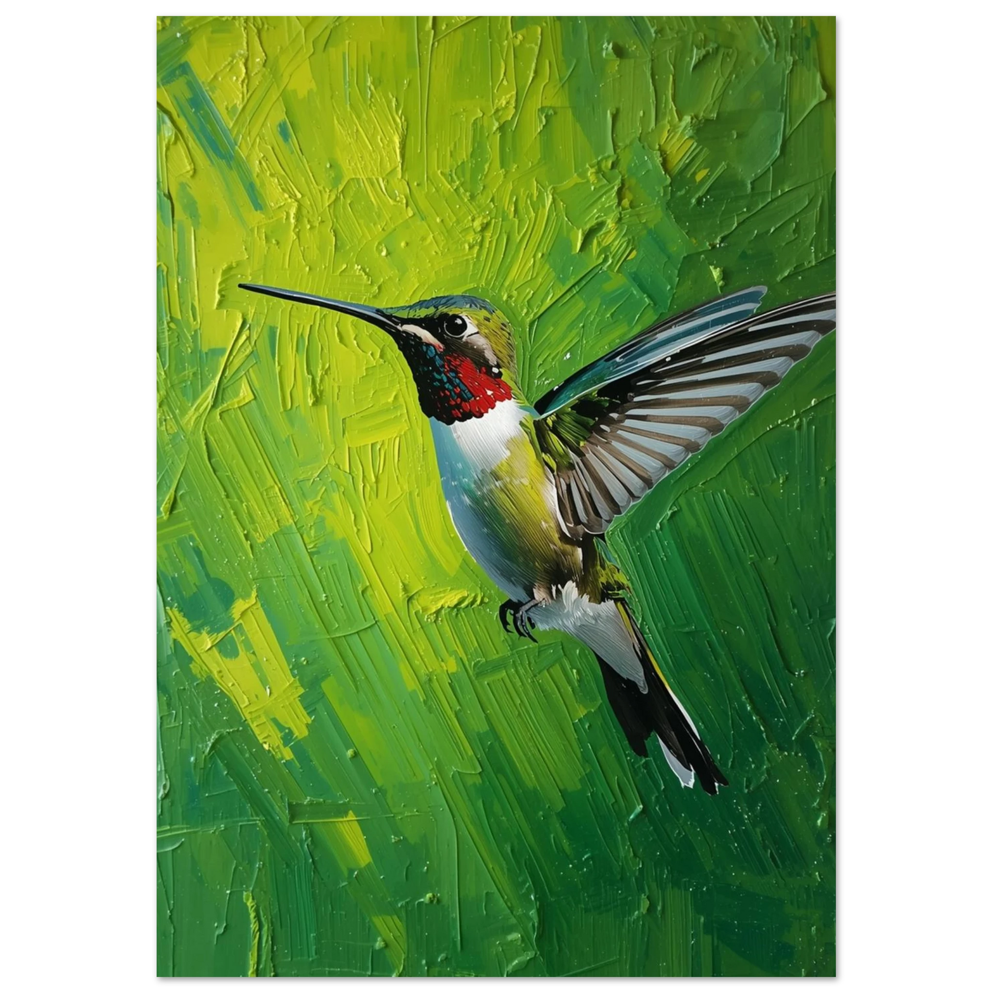 Grön tavla med flygande kolibri och synliga penseldrag – expressivt djurmotiv