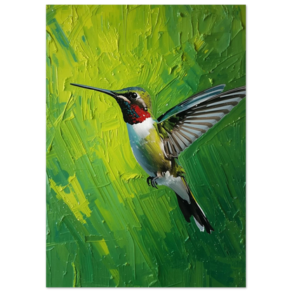 Grön tavla med flygande kolibri och synliga penseldrag – expressivt djurmotiv