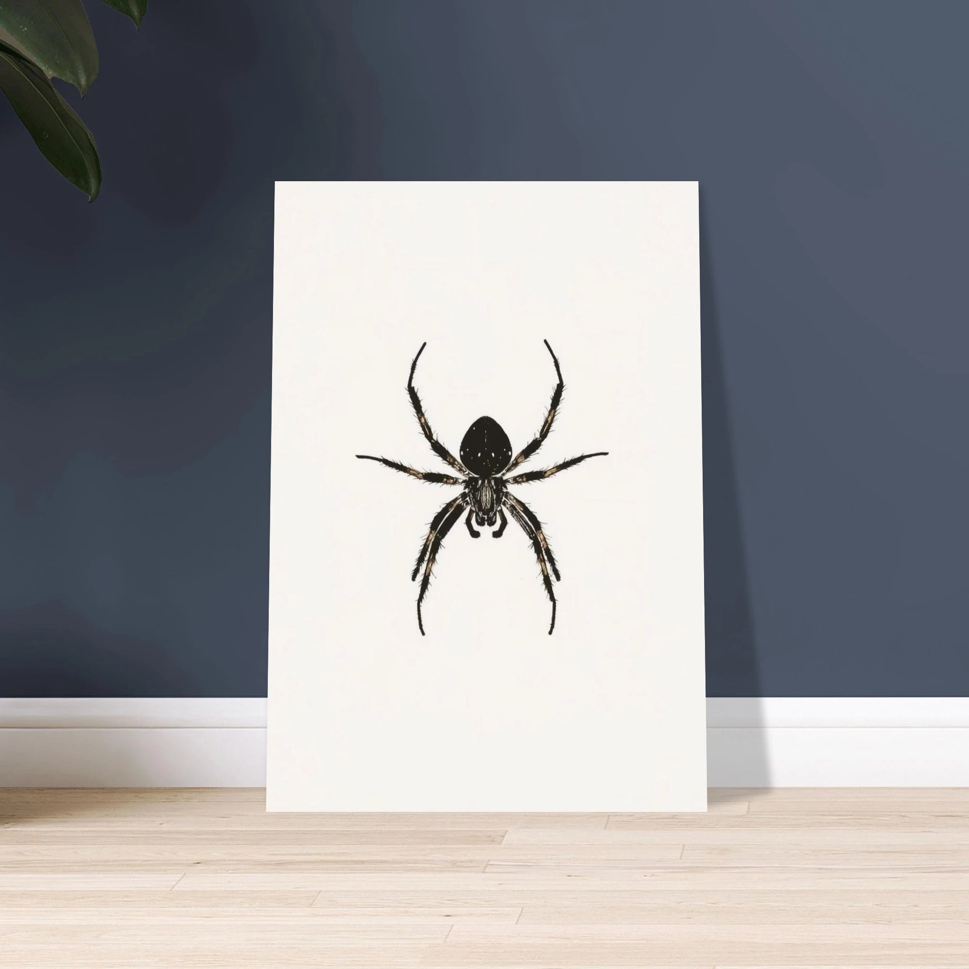 Detaljerad spindel i minimalistisk sumi-e stil, lugn och elegant.