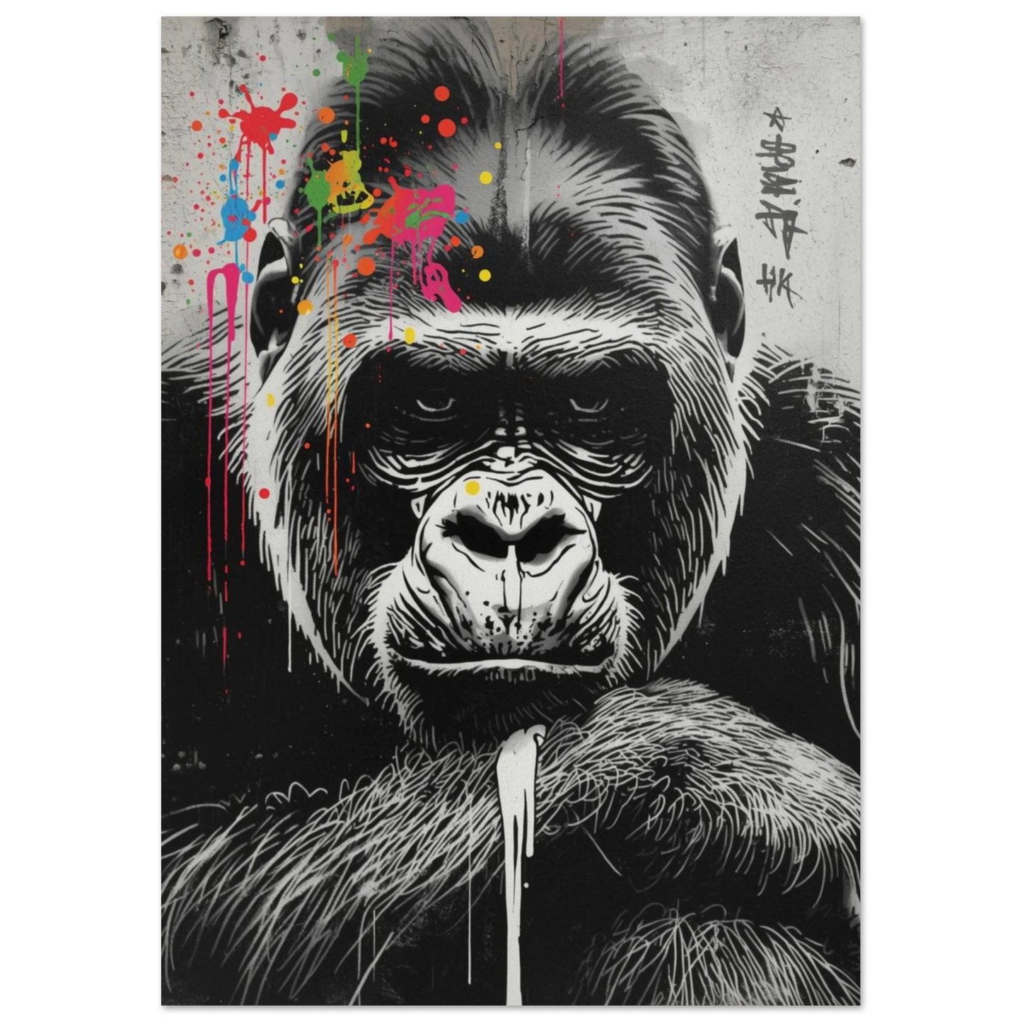 Urban djurposter föreställande en tankfull gorilla med konstnärliga färgstänk