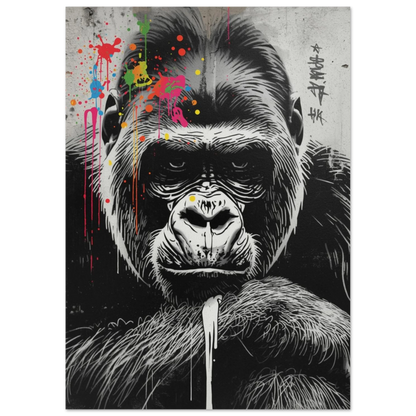 Urban djurposter föreställande en tankfull gorilla med konstnärliga färgstänk