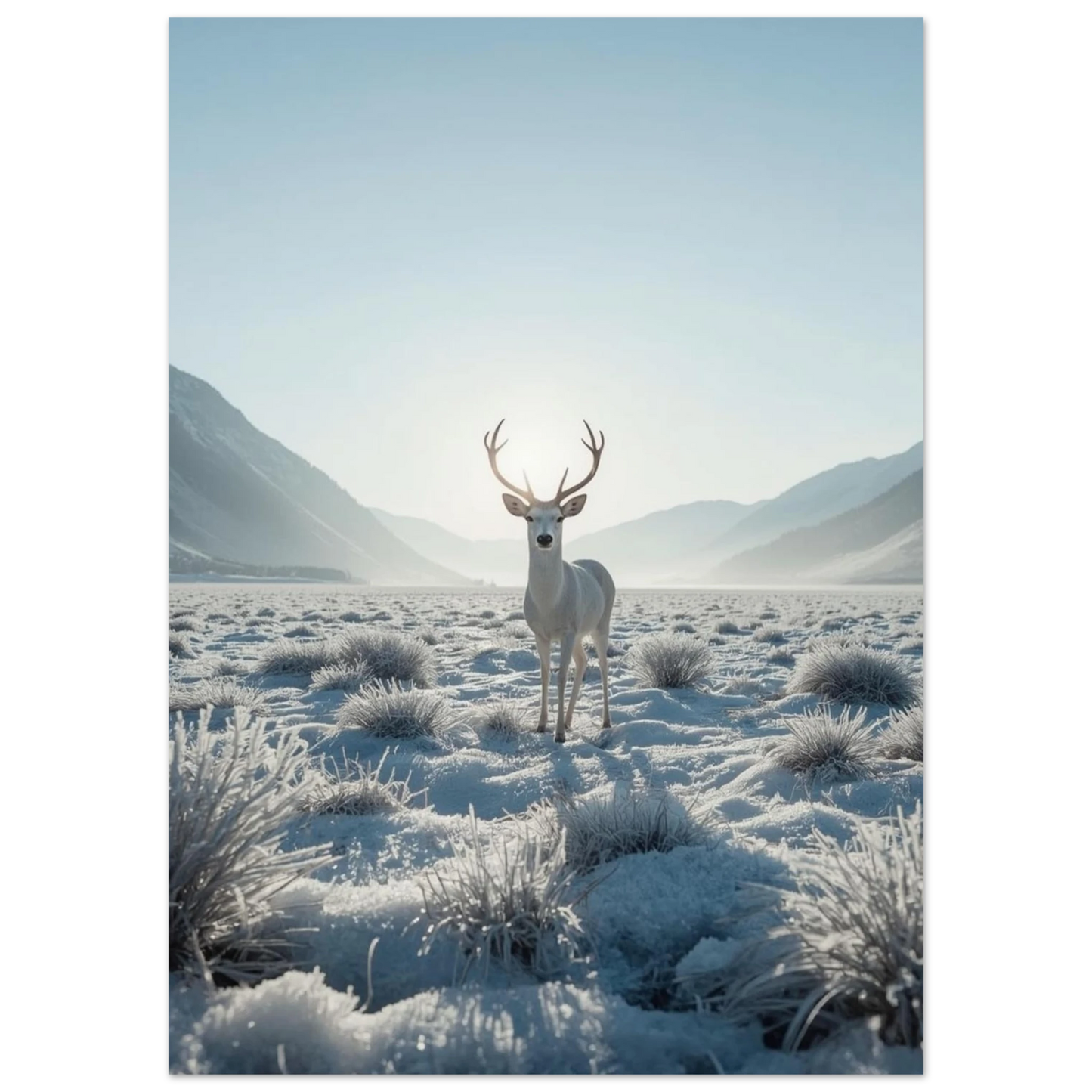 Ståtlig albino-hjort med stora horn i snötäckt natur – fotorealistisk poster