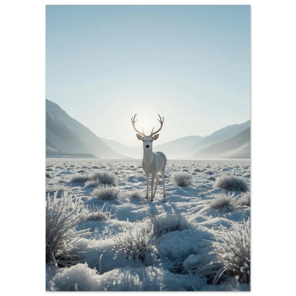 Ståtlig albino-hjort med stora horn i snötäckt natur – fotorealistisk poster