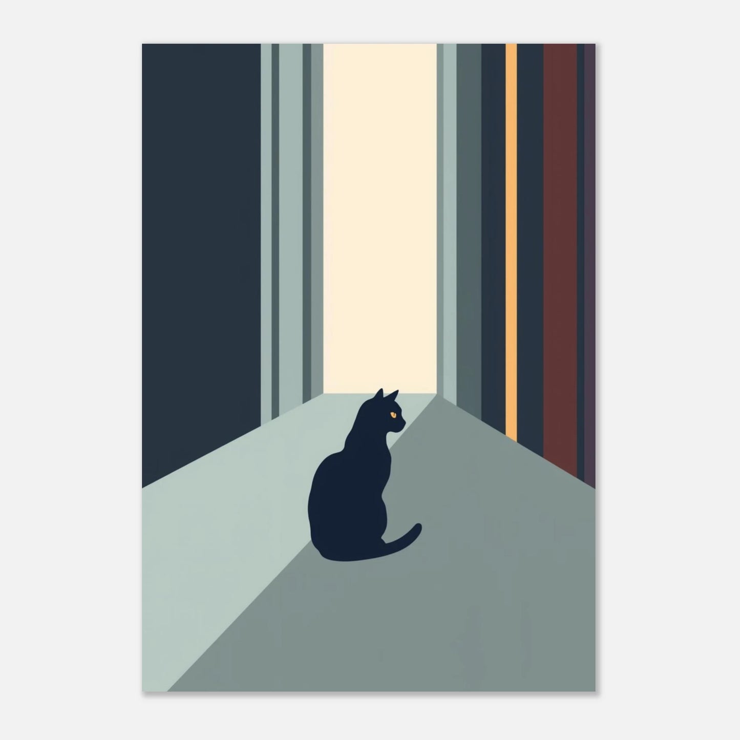 Grafiskt djurtryck av en katt i profil med arkitektonisk bakgrund