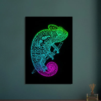Kameleont i neonfärger, geometrisk linjekonst, lysande reptilmotiv