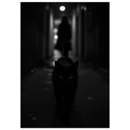 Svartvit bild av katt i nattlig miljö med dramatiskt ljus