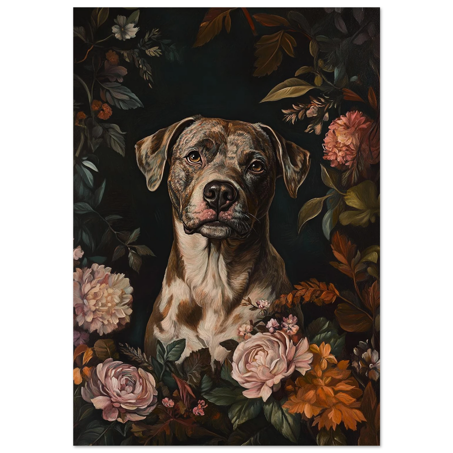 Brunspräcklig hund i mörk blomsterinramning med rosa rosor, oljemålning