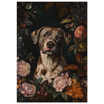 Brunspräcklig hund i mörk blomsterinramning med rosa rosor, oljemålning