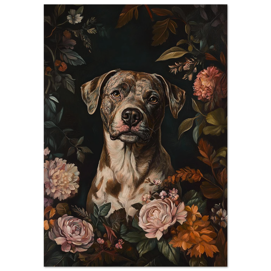 Brunspräcklig hund i mörk blomsterinramning med rosa rosor, oljemålning