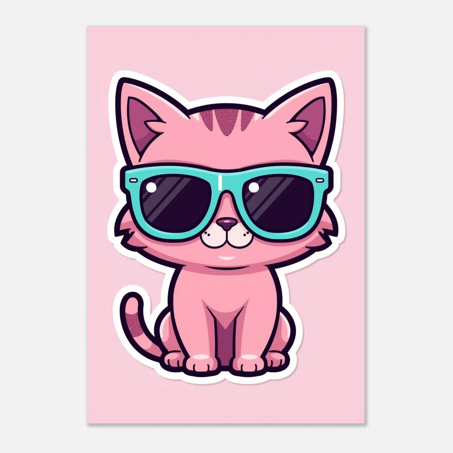 Lekfull illustration av en rosa katt i somriga solglasögon, djurmotiv