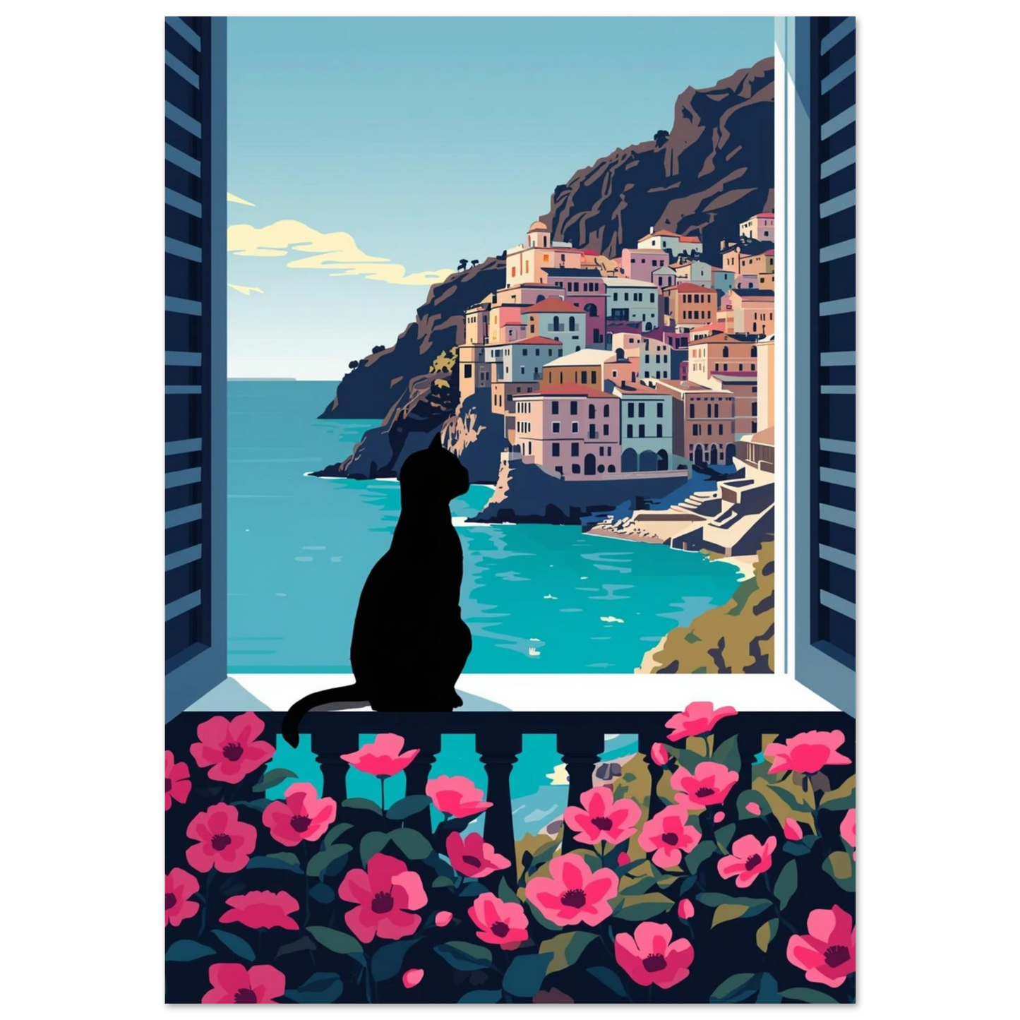 Svart kattsilhuett på balkong med rosa blommor och medelhavsutsikt – grafisk poster