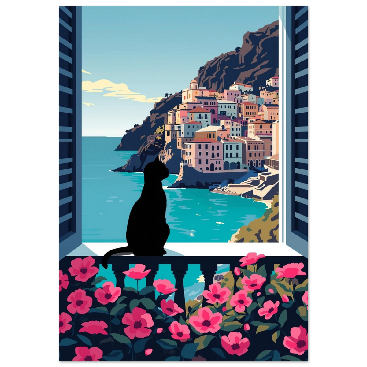 Svart kattsilhuett på balkong med rosa blommor och medelhavsutsikt – grafisk poster