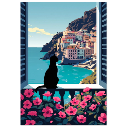Svart kattsilhuett på balkong med rosa blommor och medelhavsutsikt – grafisk poster