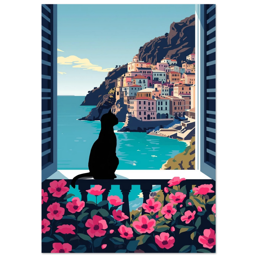 Svart kattsilhuett på balkong med rosa blommor och medelhavsutsikt – grafisk poster