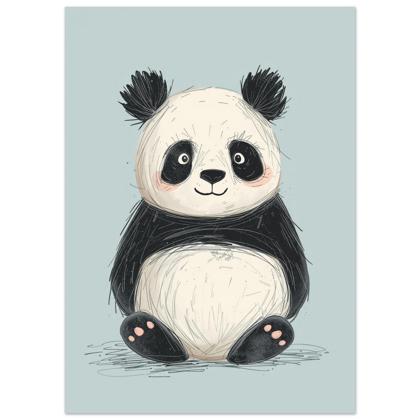 Närbild på illustrerad panda med mjuka texturer och vänlig blick