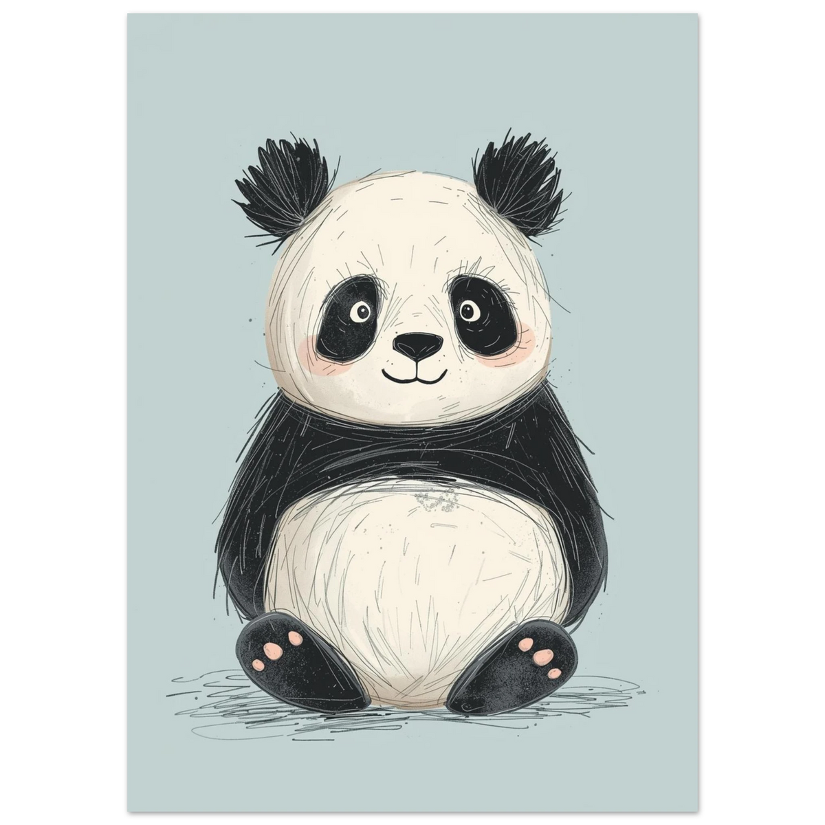 Närbild på illustrerad panda med mjuka texturer och vänlig blick