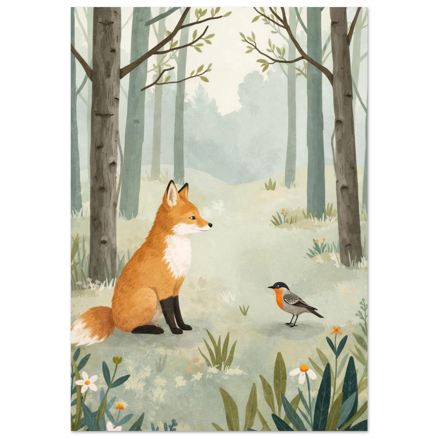 Illustration av röd räv och fågel i ljusgrön skog – djurposter