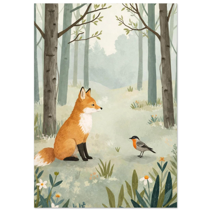 Illustration av röd räv och fågel i ljusgrön skog – djurposter