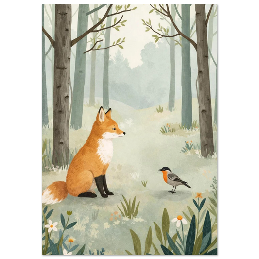 Illustration av röd räv och fågel i ljusgrön skog – djurposter