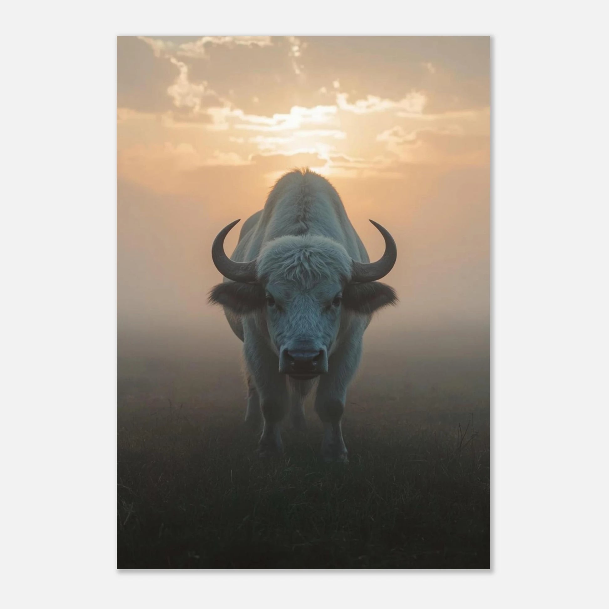 Konstnärligt fotografi av en vit bisonoxe i stämningsfullt varmt motljus