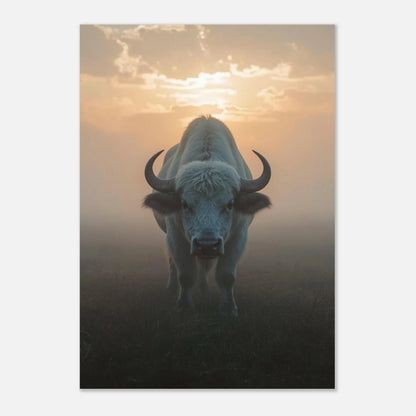 Konstnärligt fotografi av en vit bisonoxe i stämningsfullt varmt motljus