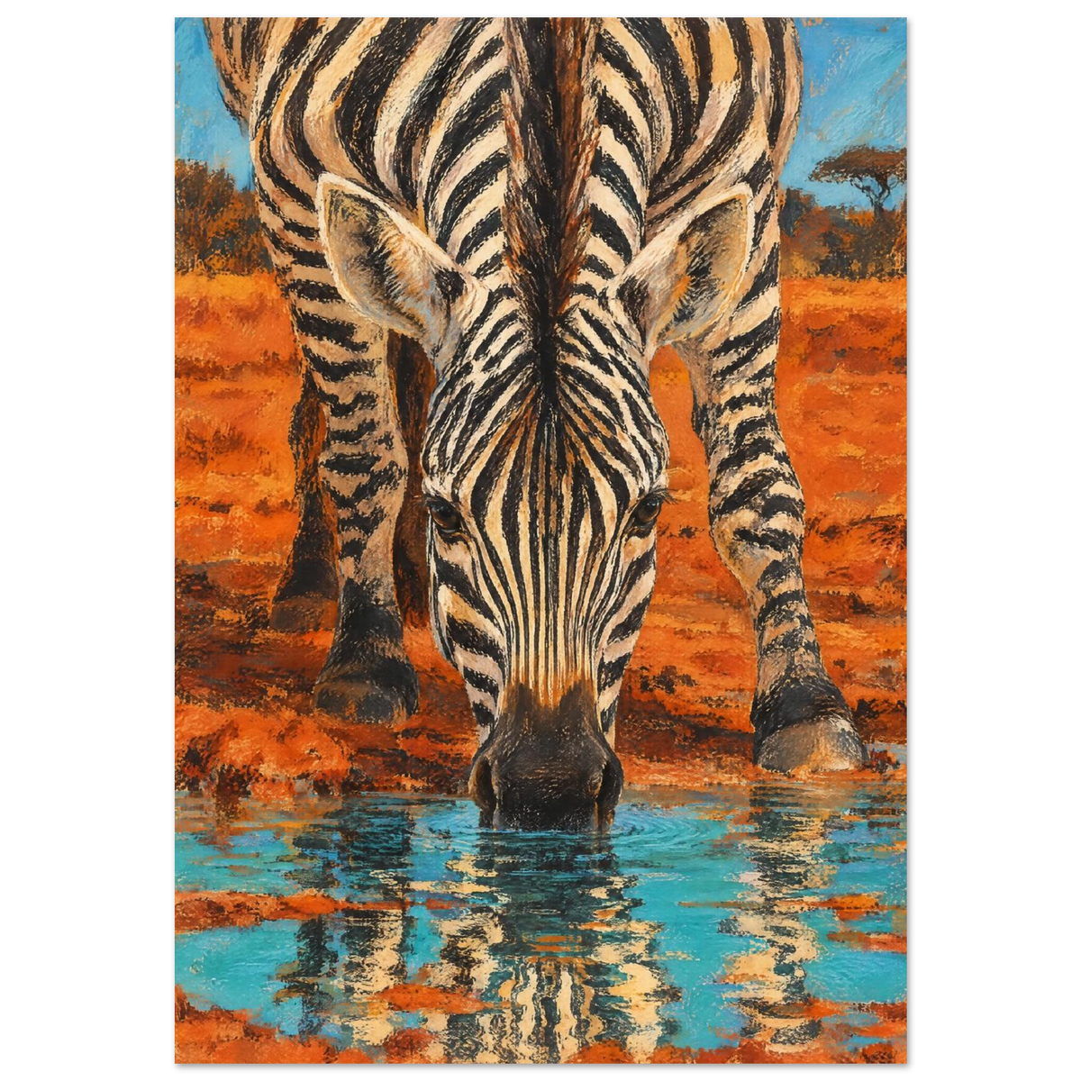 Zebra vid vattenhål speglad i turkost vatten i konstnärlig stil