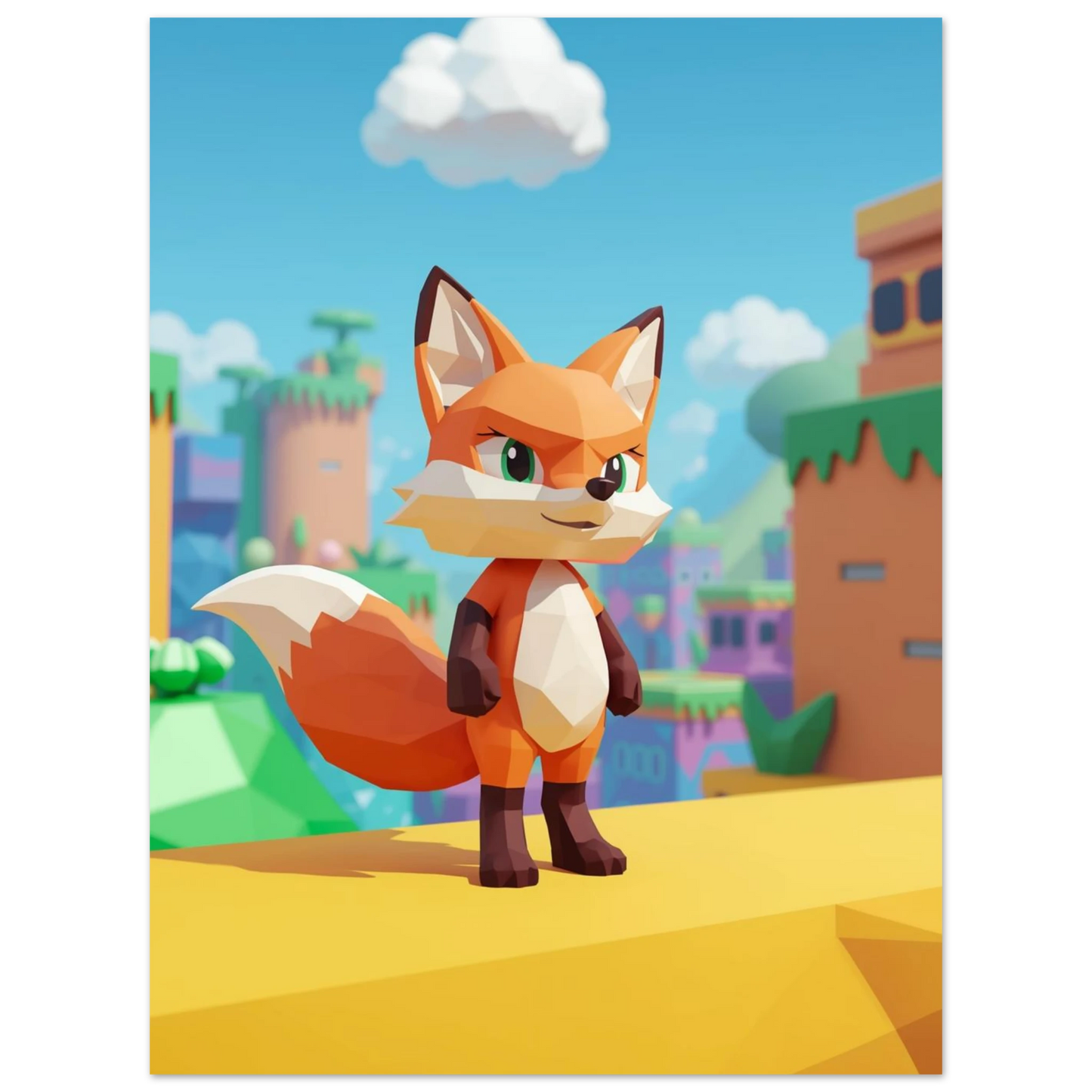 Lekfull rävposter i low-poly design med blå himmel, barntavla