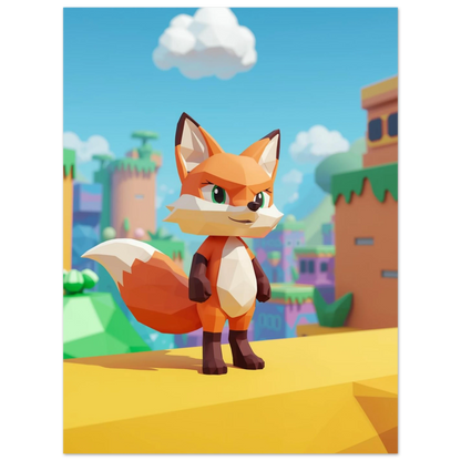 Lekfull rävposter i low-poly design med blå himmel, barntavla