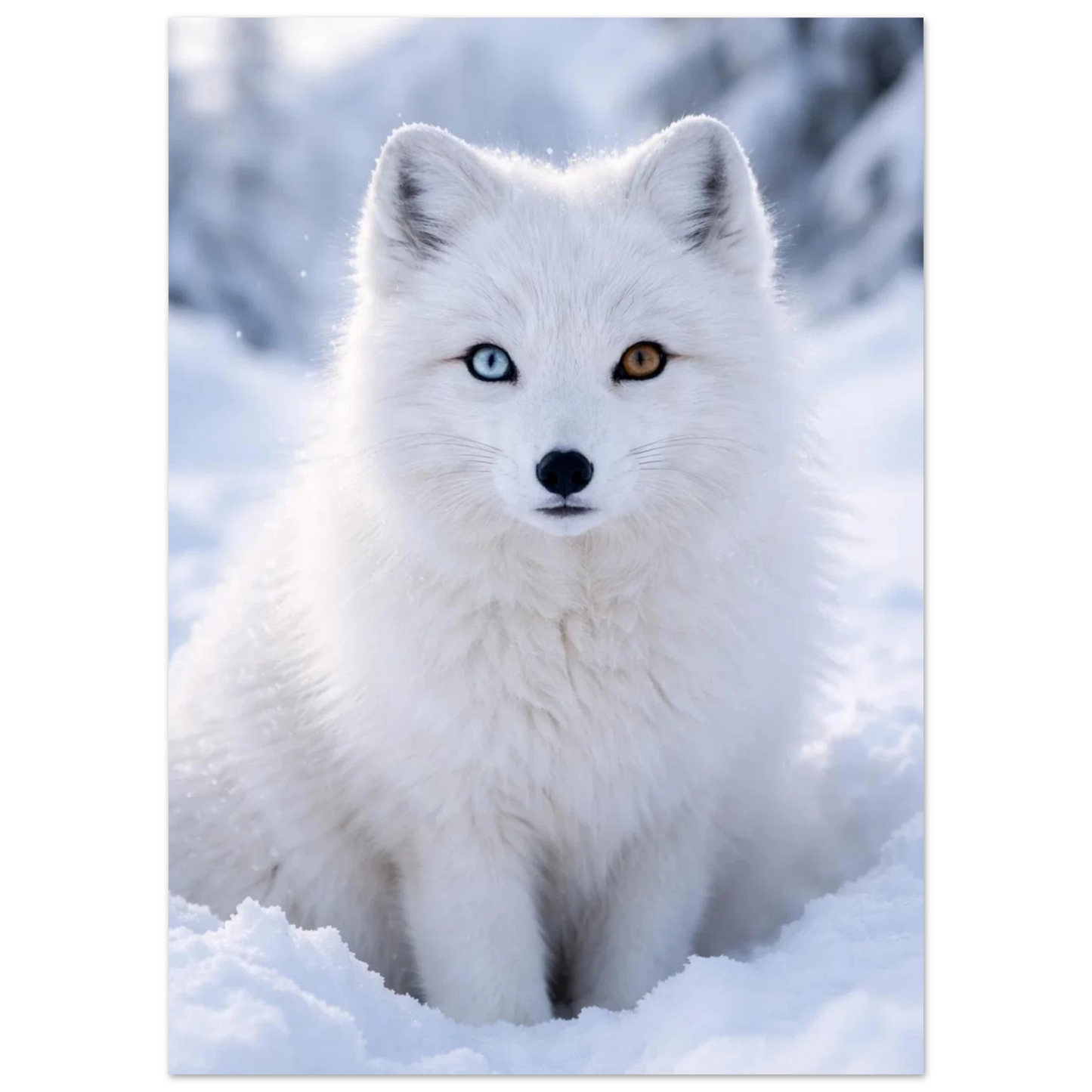 Sittande vit fjällräv omgiven av gnistrande snö – Fotorealistisk poster
