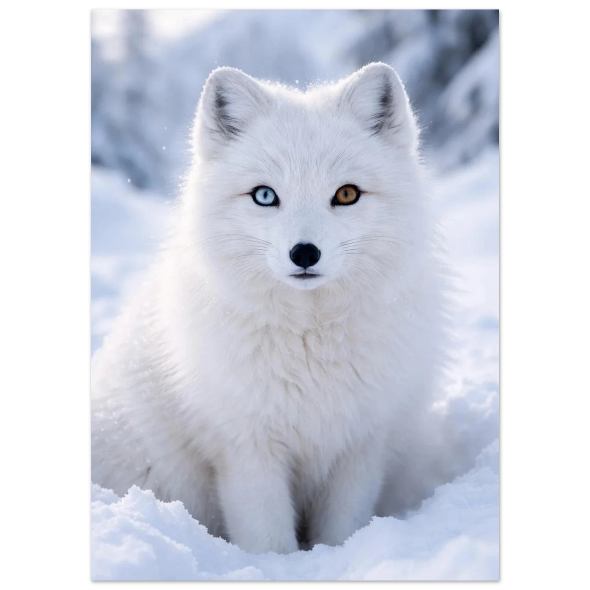 Sittande vit fjällräv omgiven av gnistrande snö – Fotorealistisk poster
