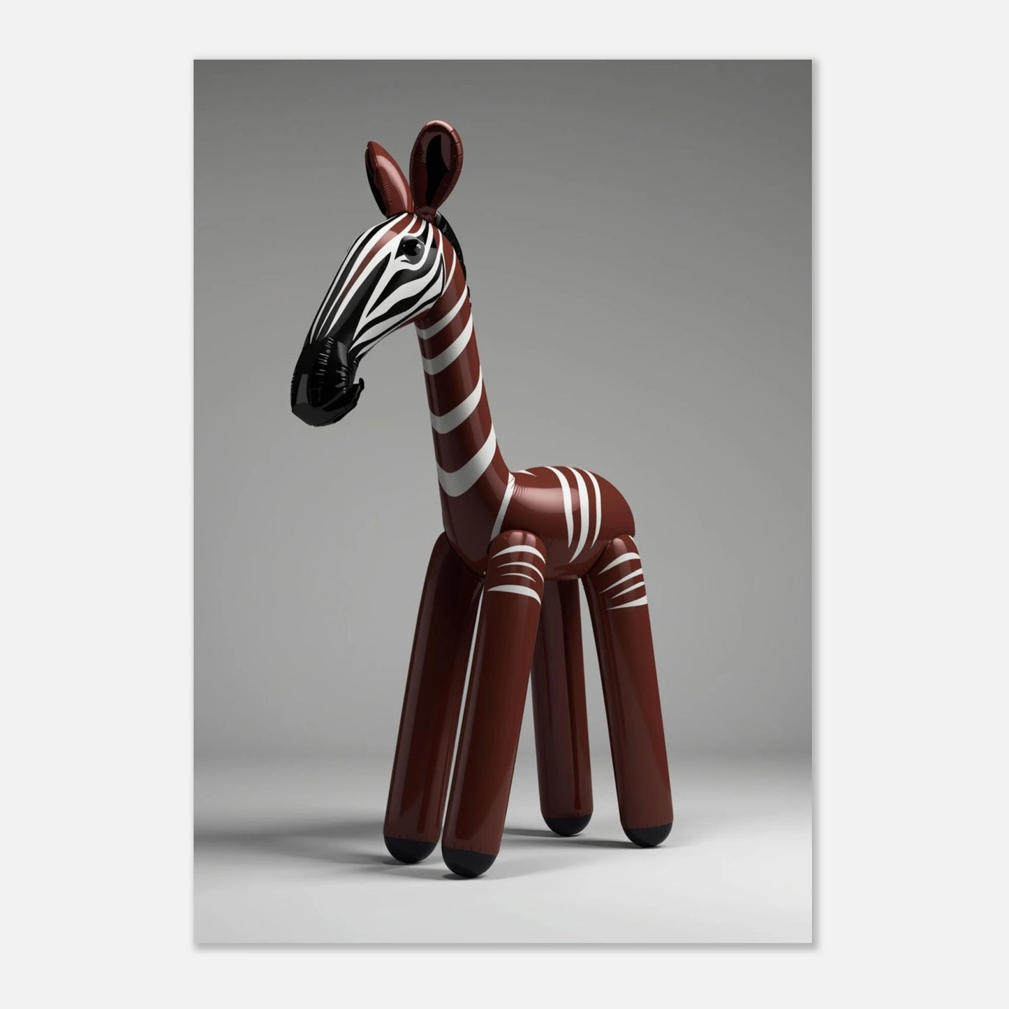 Designad djurposter med en glänsande okapi-ballong i minimalistisk studiomiljö